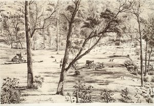 Hütte der freien Siedler, aus Die Geschichte von Australasien von David Blair, McGrady, Thomson und Niven, 1879 von Australian School