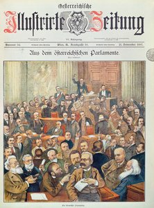 Eine stürmische Sitzung im österreichischen Parlament in Wien, 1897