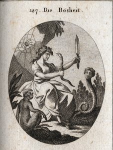 Allegorie der Bosheit. Sie sieht glücklich aus mit einem Aspik und einem Dolch. Ihre Attribute sind die Schlange mit einem menschlichen Gesicht, die Betrug wünscht, der Affe, der das Emblem der Bosheit ist, und die Spinne, die auf Fallen hinweist.