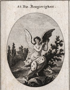 Allegorie der Neugier, dargestellt mit einem Tuch, das mit Ohren und Augen übersät ist. Die Flügel erhoben. Gravur in „Iconologie oder Ideen aus dem Gebiete der Leidenschaften und Allegorien bildlich dargestellt für Zeichner, Maler, Dichter, Gelehrte, Erzi