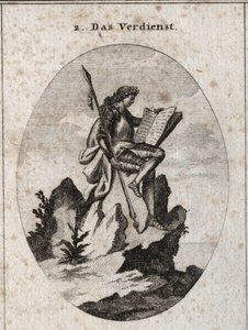 Allegorie des Verdienstes, dargestellt auf der Spitze eines steilen Felsens mit Waffen und einem Buch, das es als Ergebnis seiner Werke und Studien symbolisiert. Gravur in „Iconologie oder Ideen aus dem Gebiete der Leidenschaften und Allegorien bildlich da