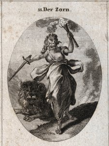 Allegorie des Zorns, dargestellt in einer unruhigen Haltung, mit verbundenen Augen, einem Schwert und einer Fackel in den Händen. Sie ist mit Bärenhaut bekleidet und der Löwe hinter ihr ist furios. Gravur in „Iconologie oder Ideen aus dem Gebiete der Leide