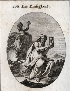 Allegorie der Anwesenheit. Sie hält eine Sanduhr und sitzt am Fuße eines Felsens, umgeben von einer Efeupflanze. Der Hahn ist ihr Attribut, da Anwesenheit ohne Wachsamkeit nicht existiert. Gravur in „Iconologie oder Ideen aus dem Gebiete der Leidenschaften von Austrian School