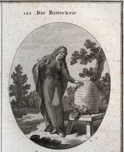 Allegorie der Bitterkeit. Sie schaut traurig auf eine Wermutpflanze, die in einem Honigbienenstock keimt. Gravur in „Iconologie oder Ideen aus dem Gebiete der Leidenschaften und Allegorien bildlich dargestellt für Zeichner, Maler, Dichter, Gelehrte, Erzieh