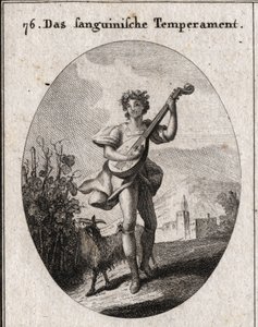 Allegorie des sanguinischen Temperaments. Die Ziege, die Trauben frisst, zeigt, dass das Blut zu den Freuden der Liebe und des Bacchus gebracht wird. Gravur in „Iconologie oder Ideen aus dem Gebiete der Leidenschaften und Allegorien bildlich dargestellt fü