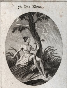 Allegorie des Unglücks. Sie sitzt auf Brisen, deren Fragilität das Bild der Instabilität des Glücks und der Elend des Lebens ist. Gravur in "Iconologie oder Ideen aus dem Gebiete der Leidenschaften und Allegorien bildlich dargestellt für Zeichner, Maler, D