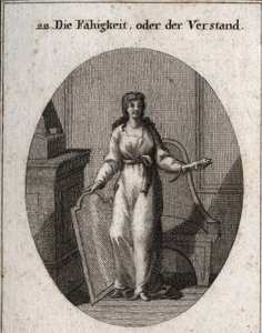 Allegorie der Fähigkeit (oder Intelligenz). Das Chamäleon und der Spiegel sind seine Attribute. Gravur in „Iconologie oder Ideen aus dem Gebiete der Leidenschaften und Allegorien bildlich dargestellt für Zeichner, Maler, Dichter, Gelehrte, Erzieher und Fre von Austrian School
