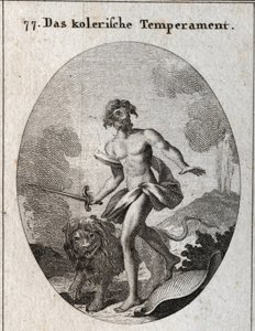 Allegorie des cholerischen Temperaments. Er hält ein Schwert zum Angriff und hat gerade seinen Schild weggeworfen, ohne sich zu verteidigen. Sein Attribut ist ein bedrohlicher Löwe. Gravur in "Iconologie oder Ideen aus dem Gebiete der Leidenschaften und Al