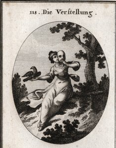 Allegorie der Verstellung. Sie bedeckt ihr Gesicht mit einer Maske, dem Emblem des Falschen. Ihr Attribut ist eine Elster, sowohl weiß als auch schwarz, und ihre Liebkosungen sind mit Schnäbeln vermischt. Gravur in „Iconologie oder Ideen aus dem Gebiete de