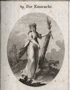 Allegorie der Eintracht, dargestellt mit einer Krone aus Granatäpfeln, dem Emblem der Vereinigung. Der Olivenzweig ist ein Symbol des Friedens und das eng zusammengebundene Bündel von Stäben zeigt die Macht vereinter Kräfte. Gravur in „Iconologie oder Idee