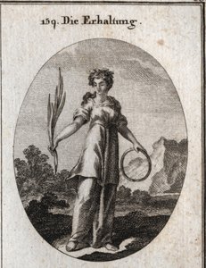 Allegorie der Konservierung. Der Zedernzweig ist unvergänglich, aber auch das Emblem der Konservierung und der Kreis das der kontinuierlichen Nachfolge. Sie trägt eine Krone aus aromatischen Pflanzen, die von den Ägyptern zur Konservierung der Toten verwen