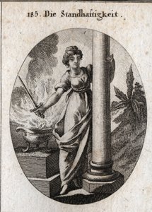 Allegorie der Beständigkeit. Sie hält ein Schwert über ein brennendes Feuer. Die Säule, die sie umarmt, ist das Attribut des Bauernhofs. Gravur in "Iconologie oder Ideen aus dem Gebiete der Leidenschaften und Allegorien bildlich dargestellt für Zeichner, M