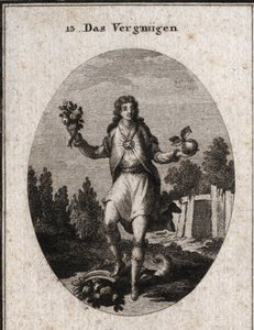 Allegorie der Zufriedenheit, dargestellt durch einen jungen Mann, der mit einer Hand einen goldenen Apfel und mit der anderen einen Blumenstrauß hält. Sie zeigen, dass alles, was ihn umgibt, an seiner Freude teilnimmt, die durch den Rubin auf seiner Brust 