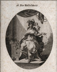 Allegorie der Höflichkeit, dargestellt durch eine wohlhabende, anmutige und lächelnde Frau, die Geld und Schmuck verteilt. Gravur in „Iconologie oder Ideen aus dem Gebiete der Leidenschaften und Allegorien bildlich dargestellt für Zeichner, Maler, Dichter,
