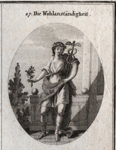 Allegorie der Anständigkeit. Junger Mann mit einem Löwenfell, um seine Unterscheidung und seine Seelengröße auszudrücken. Der Amaranthzweig und die Krone zeigen, dass er seine Schönheit noch bewahrt. Die Lapsus markiert Beredsamkeit und Scharfsinn in der R