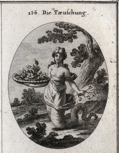 Allegorie des Betrugs. Unter den Blumen des Korbes befindet sich eine Schlange. Sie hält mehrere Haken hinter ihrem Rücken versteckt. Ihre Beine enden in einem Schlangenschwanz, um zu zeigen, dass sie kriecht, um ihre Ziele zu erreichen. Gravur in „Iconolo