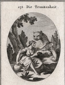 Allegorie der Trunkenheit. Sie hält einen Krug und einen Becher voller Wein, den sie verlässt. Ihr Symbol ist ein Panther, Symbol der Wut der Trunkenheit. Gravur in "Iconologie oder Ideen aus dem Gebiete der Leidenschaften und Allegorien bildlich dargestel von Austrian School