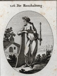 Allegorie der Wirtschaft. Sie ist mit einem Olivenzweig gekrönt, der den Frieden symbolisiert. Sie lehnt sich an ein Ruder und hält ein Zepter und einen Kompass, Embleme der Macht und der genauen Regierung. Gravur in „Iconologie oder Ideen aus dem Gebiete 