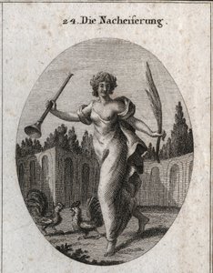 Allegorie der Nachahmung. Die Trompete und die Palme symbolisieren die Belohnung, die dem Verdienst zugeschrieben wird. Die Attribute sind zwei Hähne, die bereit sind zu kämpfen. Gravur in „Iconologie oder Ideen aus dem Gebiete der Leidenschaften und Alleg