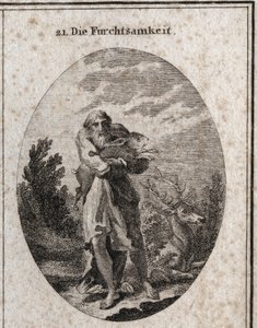 Allegorie der Angst in Gestalt eines alten Mannes mit Flügeln an den Füßen, die der Flucht dienen. Seine Attribute sind Hase und Hirsch. Gravur in „Iconologie oder Ideen aus dem Gebiete der Leidenschaften und Allegorien bildlich dargestellt für Zeichner, M