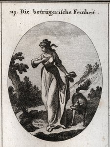 Allegorie der Finesse, die dazu neigt zu täuschen. Sie wird dargestellt mit einer Hand auf ihrer Brust und der anderen hinter ihrem Rücken, die einen Fuchs hält, das Symbol der Täuschung. Gravur in „Iconologie oder Ideen aus dem Gebiete der Leidenschaften  von Austrian School