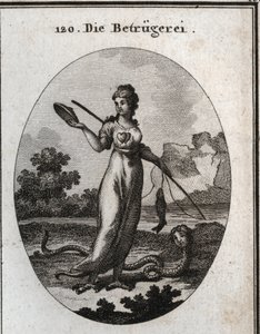 Allegorie des Betrugs, dargestellt mit einem doppelten Herzen und einer Maske. Sie hält eine Angelrute, die einen Fisch gefangen hat. Ihre Beine enden in Geierkrallen und sie hat einen Skorpionschwanz. Ihr Attribut ist eine Schlange mit einem menschlichen 