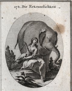 Allegorie der Dankbarkeit. Ihre Symbole sind der Storch, weil er seinen Eltern im Alter denselben Dienst erweist, den er in der Jugend erhalten hat, und der Elefant, weil er sehr dankbar ist und bereit ist, sein Leben zu riskieren, um für seinen Herrn zu k von Austrian School