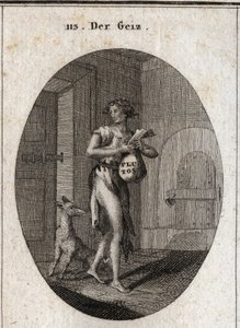 Allegorie der Gier, dargestellt in Lumpen mit einer Goldkette, die ihm als Gürtel dient, was betont, dass der Besitz von Eigentum ihn zum Sklaven macht, bis er die Notwendigkeiten verweigert. Auf der Börse steht der Name Pluto, Gott des Reichtums in der My