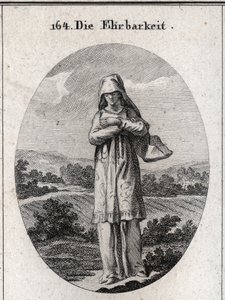 Allegorie der Ehrlichkeit. Ihre Augen sind von einem Schleier bedeckt, der die Hälfte ihres Gesichts verbirgt, weil die Augen der Spiegel der Seele sind und der erste Sinn, durch den sie sich korrumpiert. von Austrian School