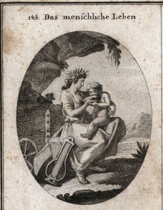 Allegorie des menschlichen Lebens. Lyra und Pflug symbolisieren Vergnügen und Arbeit. Sie gibt einem Kind zu trinken, was zum Leben notwendig ist. Gravur in „Iconologie oder Ideen aus dem Gebiete der Leidenschaften und Allegorien bildlich dargestellt für Z