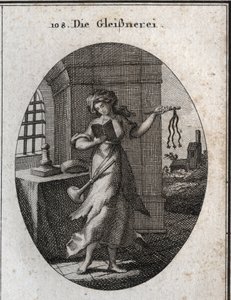 Allegorie der Heuchelei, die ein Gebetbuch und eine Disziplin (Geißel, Peitsche) hält. Die Trompete, die sie auf ihrer Schulter hat, zeigt, dass sie ihre guten Werke mit Nachdruck veröffentlicht. Gravur in „Iconologie oder Ideen aus dem Gebiete der Leidens