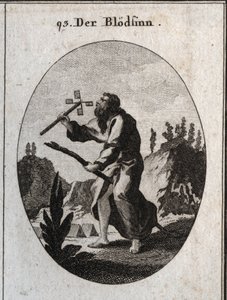 Allegorie der Imbezilität oder Demenz, dargestellt durch einen alten Mann auf einem Schilfrohr, Attribut der Fragilität und des Alters. Er hält eine Kartenmühle, die er bläst, um sie zu drehen. Gravur in „Iconologie oder Ideen aus dem Gebiete der Leidensch