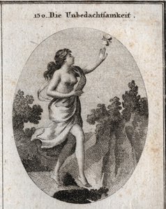 Allegorie der Unüberlegtheit. Sie geht und schaut auf einen Schmetterling, ohne zu sehen, dass ein Abgrund vor ihren Füßen ist. Der Zirkel und die Lineale zeigen, dass sie keine Maße kennt oder einhält. Gravur in "Iconologie oder Ideen aus dem Gebiete der 
