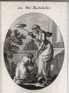 Allegorie der Nachsicht. Sie tritt die Rutenbündel und die Axt, die die Liktoren bei den Römern trugen, unter ihre Füße. Sie hält einen erhobenen Mantel und reicht einem Sklaven die Hand, der sich zu ihren Füßen niederwirft. Gravur in „Iconologie oder Idee