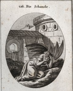 Allegorie der Schande, die das Gesicht mit den Händen bedeckt und deren Attribute zwei große schwarze Fledermausflügel sind. Gravur in „Iconologie oder Ideen aus dem Gebiete der Leidenschaften und Allegorien bildlich dargestellt für Zeichner, Maler, Dichte von Austrian School