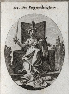 Allegorie der Ungerechtigkeit. Sie hält ein Schwert, das sie erhebt, und zertritt zu ihren Füßen die Tafeln der göttlichen Gesetze und das Buch der menschlichen Stimmen sowie die zerbrochenen Waagen der Gerechtigkeit. Der Wolf ist das Symbol für Grausamkei