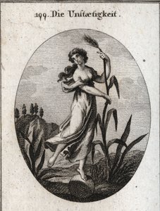 Allegorie der Instabilität, vom Wind aufgewühlt. Sie stützt sich mit beiden Händen auf ein zerbrechliches Schilfrohr und steht nur mit einem Fuß auf einem Ball. Gravur in „Iconologie oder Ideen aus dem Gebiete der Leidenschaften und Allegorien bildlich dar