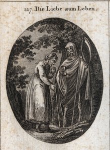 Allegorie der Lebensliebe. Eine alte Frau ruft den Tod, um ihr zu helfen, ihre Holzscheite auf den Kopf zu legen. Gravur in „Iconologie oder Ideen aus dem Gebiete der Leidenschaften und Allegorien bildlich dargestellt für Zeichner, Maler, Dichter, Gelehrte