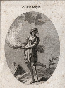Allegorie der Lüge, dargestellt durch hässliches Aussehen, schlechtes Haar und schlechte Kleidung. Ihre Kleidung ist mit Zungen und Masken gefüllt. Das brennende Stroh illustriert die mangelnde Substanz ihrer Worte und das Holzbein die geringe Festigkeit.  von Austrian School