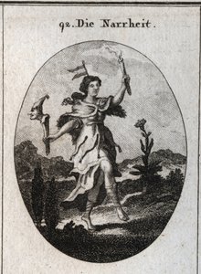 Allegorie des Wahnsinns. Der Bärenfellmantel begehrt den Wahnsinn, der Wut trägt, die Handlung des Tanzens betont diejenigen, die zur Fröhlichkeit neigen. Die Wetterfahne auf seinem Kopf markiert die Instabilität der Fantasien. Es kontrastiert das Licht ei