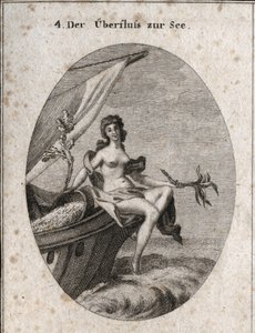 Allegorie des maritimen Überflusses, dargestellt durch Ceres, die auf dem Bug eines Schiffes sitzt. Sie hält einen Hanfbouquet, einen Ast mit Seidenraupenkokons. Sie lehnt sich an Getreide, das im Boot zurückhängt. Gravur in "Iconologie oder Ideen aus dem  von Austrian School