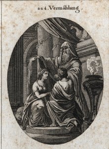 Allegorie der Ehe: Der Priester wirft die Galle der Tiere hinter den Altar, um zu zeigen, dass es in der Ehe keine Bitterkeit gibt. Gravur in „Iconologie oder Ideen aus dem Gebiete der Leidenschaften und Allegorien bildlich dargestellt für Zeichner, Maler, von Austrian School
