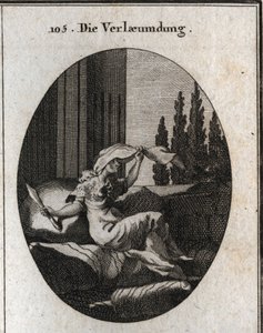 Allegorie der Verleumdung, dargestellt durch eine träge und weiche alte Frau, die auf Kissen sitzt. Der Schleier zeigt, dass sie sich versteckt, ihre Zunge ist gespalten und sie hält ein zweischneidiges Messer. Ihr kleiner Mantel besteht aus Igelhaut, bese