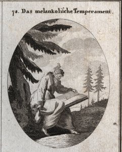 Allegorie des melancholischen Temperaments. Er hält ein Buch und eine Geldbörse und sein Mund ist mit einer Binde verschlossen. Ein Vogel sitzt auf seinem Kopf. Gravur in "Iconologie oder Ideen aus dem Gebiete der Leidenschaften und Allegorien bildlich dar
