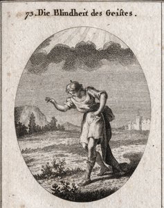 Allegorie der geistigen Blindheit. Ein junger Mann betrachtet die Blumen auf einer Wiese, die auf die Freuden der Erde anspielen, die die Seele erfüllen und sie ohne Nutzen beschäftigen. Eine Wolke verhindert, dass das Licht seinen Geist durchdringt. Gravu von Austrian School