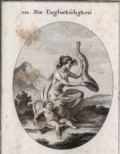 Allegorie des Unglücks, dargestellt mager und umfangreich. Ihre Attribute sind ein Füllhorn, das sie schüttelt und das leer ist, und ein Kind, das vor Hunger stirbt. Gravur in „Iconologie oder Ideen aus dem Gebiete der Leidenschaften und Allegorien bildlic