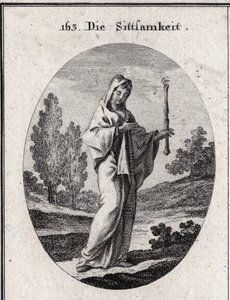 Allegorie der Bescheidenheit. Sie hält ein Zepter, über dem ein Auge ist, das bedeutet, dass Bescheidenheit weitsichtig über sich selbst sein muss. Gravur in „Iconologie oder Ideen aus dem Gebiete der Leidenschaften und Allegorien bildlich dargestellt für 