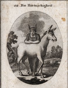 Allegorie der Hartnäckigkeit, die sich auf ein Maultier stützt. Die Eselsohren auf seinem Kopf sind das Emblem der Ignoranz und Sturheit. Der Dampf um seinen Kopf bedeutet, dass sein Verstand verdunkelt ist. Gravur in "Iconologie oder Ideen aus dem Gebiete von Austrian School