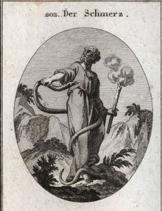 Allegorie des Schmerzes. Eine monströse Schlange umschlingt ihn, der, nachdem sie seine Füße gebunden hat, seinen Körper erklimmt und versucht, sein Herz zu beißen. Sie hält eine Fackel, die noch raucht, was bedeutet, dass der durch Schmerz verursachte Nie