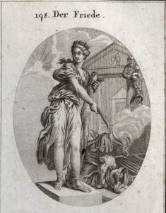 Allegorie des Friedens. Sie trägt einen Kranz aus Olivenbäumen und hält eine Keule, während sie mit einer Fackel eine Trophäe von Waffen verbrennt. Dahinter bedeutet die Statue von Plutus, dass Überfluss und Reichtum ihre Vorteile sind. Gravur in „Iconolog